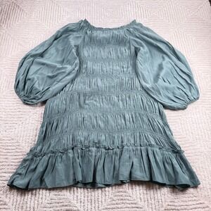 Lida Kate Smocked Balloon Sleeve Mini Dress Small Sage Green Boho Cottagecore